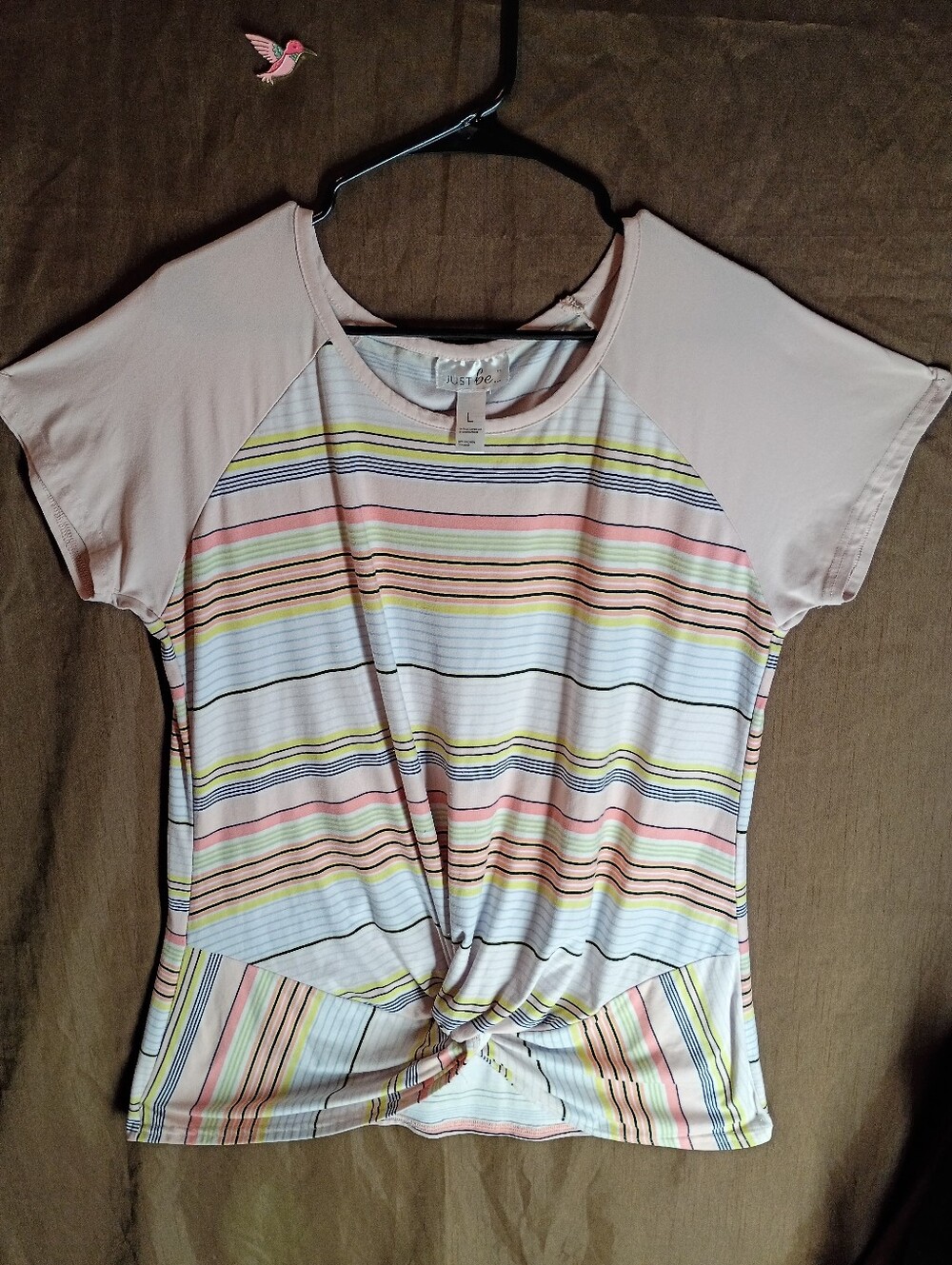 just be Pastel Multistripe Twist-Front Raglan Tee in Pink and Yellow